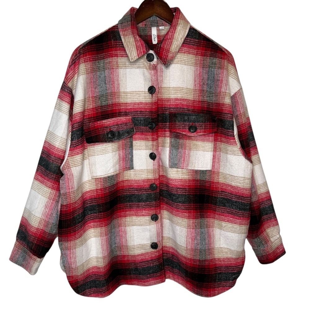 Elan Riley Plaid Shacket Oversized Cozy Cabincore Lined Jacket Red Medium - Picture 2 of 6